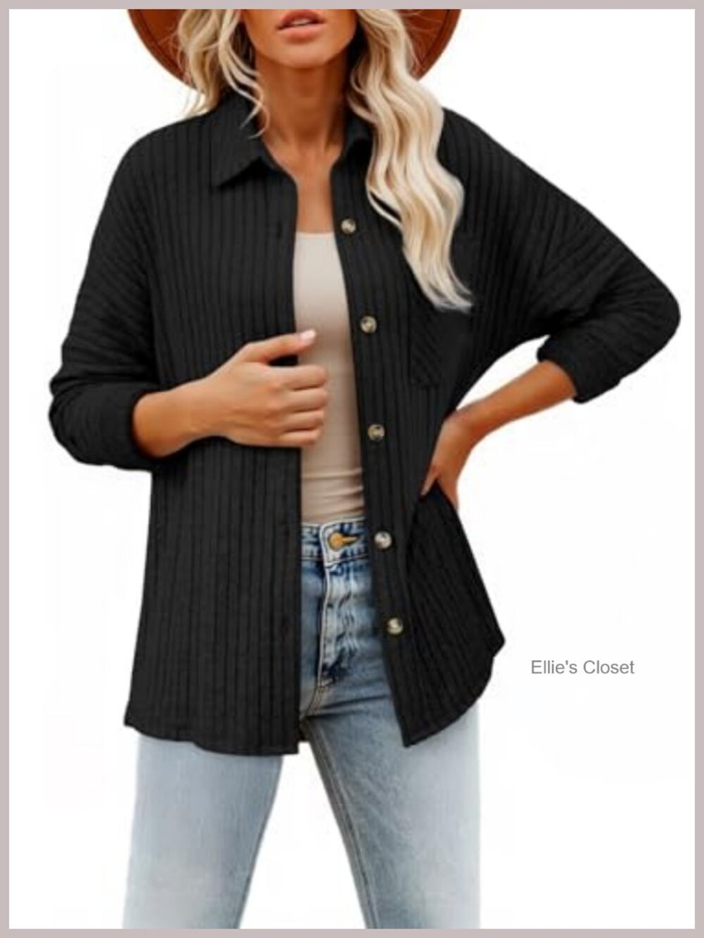 Ribbed Knit Shacket Loose Fit Button Down Long Sleeve Tunic Top